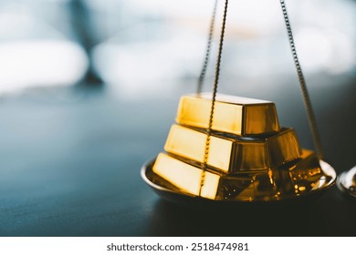 Gold with balance scale. Money management, financial plan, time value of money, Gold value and price concept. 