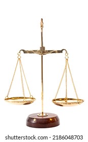 Gold Balance Scales With Metallic Chains And Wood Base Used To Compare Weights, Isolated On White Background With Clipping Path Cutout Concept For Legal Judgment, Justice Metaphor And Equality Law