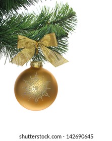 Gold ShinÃ?Â?? Ball Hanging On Christmas Tree, Isolated On White