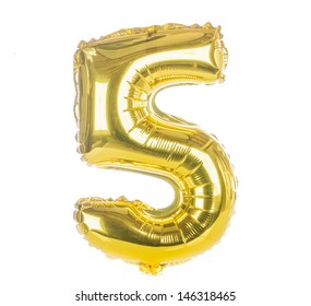 Gold Balloon Font Part Of Full Set Of Numbers, Number Five, 5