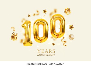 Gold Balloons 100 with golden gifts, confetti, stars and a mirrored balloon on a beige background with sparkles and bokeh lights. One hundred years Anniversary, creative idea. Luxury Card