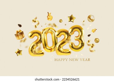 Gold balloons 2023 with confetti, gold mirrored balloon party, stars, gifts and rabbits on a light beige background. Happy New Year 2023 creative - Shutterstock ID 2234526621