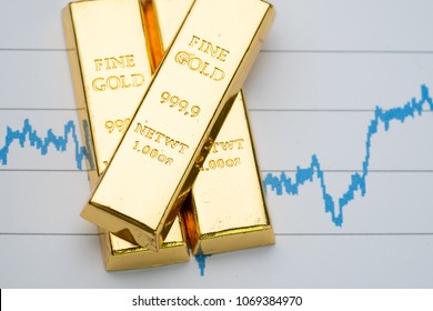 Gold Bar, Bullion Stack On Rising Price Graph As Financial Crisis Or War Safe Haven, Financial Asset, Investment And Wealth Concept.