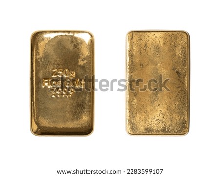 Gold bar, front and back side, isolated from above. Cast gold ingot, bullion of 250 gram, about 8 troy oz of pure metal. Real money, store of value and traditional way of investing in precious metals.