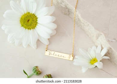 The Gold Bar Necklace Is A Still Life Image. Personalized Necklace Image. Jewelry Photo For E-commerce, Online Sale, Social Media.