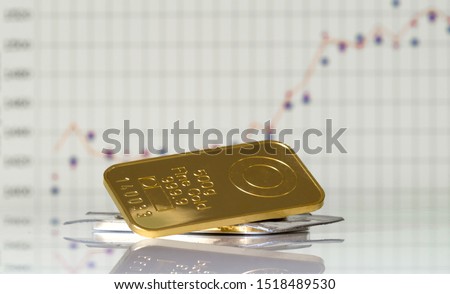 Gold bar on the background of the growth chart. Selective focus.