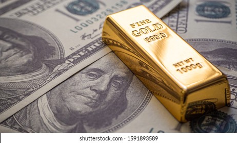 Gold Bar Overlay  Money Dollars, Concept   In A Poor Economy Investors Should Hold Dollar Or Gold.