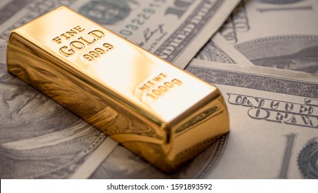 Gold Bar Overlay  Money Dollars, Concept   In A Poor Economy Investors Should Hold Dollar Or Gold.