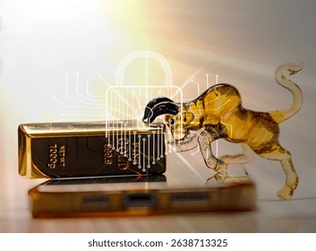 Gold bars, bulls and padlocks represent the idea of ​​stable investment and financial security.