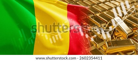 Gold bars with Mali flag. Chart simply precious metals stocks. National foreign-exchange reserve banking economy system. Golden reserve. 3d image