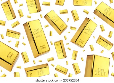 Gold Bars Rain On White Background 