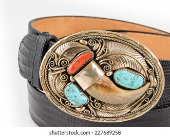 Gold, Bear Claw, Turquoise and Coral Belt Buckle with Snakeskin Belt.