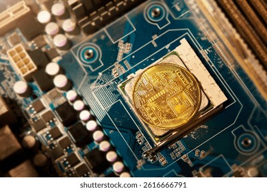 A gold Bitcoin coin mounted on a blue electronic circuit board with computer chips, symbolizing digital currency and blockchain technology. Integration of cryptocurrency with modern technology.