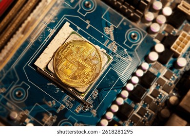 A gold Bitcoin coin mounted on a blue electronic circuit board with computer chips, symbolizing digital currency and blockchain technology. Integration of cryptocurrency with modern technology.