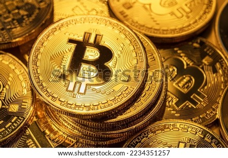 Gold bitcoin coins. Conceptual picture of digital money.