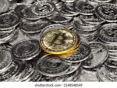 Gold Bitcoin Cryptocurrency On Pile Silver Coins A Lot Of