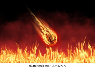 Gold Bitcoin decreasing value and price fall,BTC coin fire blazing falling to fire zone,Cryptocurrency virtual money concept