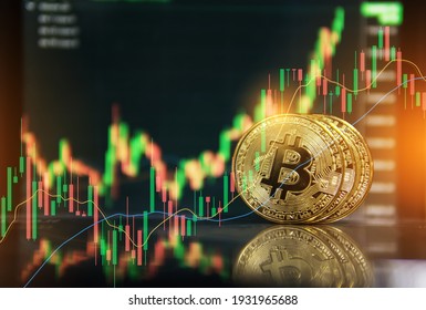 Gold bitcoin with growth graph chart trading view. Bitcoin gold coin and defocused chart background. Virtual cryptocurrency concept. Stock Market chart. Bitcoin Investment Business Internet Technology