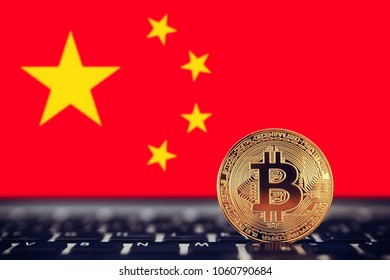 Gold Bitcoin On Background Of Chart China Flag.