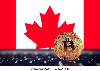 Gold Bitcoin On Background Of Chart Canada Flag.