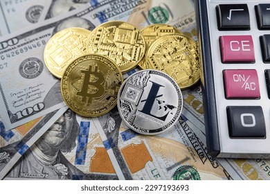 Gold bitcoin on dollar pillow with calculator and pan. bitcoin and dollars.