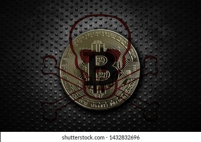 Gold Bitcoin On Grunge Rivet Metal Background -- Dark Web Or Cybercrime Concept