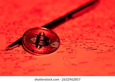 Gold Bitcoin on the Map of Europe with a Pen - Concept of Global Finance and Cryptocurrencies
