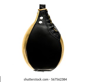 Gold and black leather boxing speed bag isloated on white. Sport equipment for box. Fast speed bag or ball. - Powered by Shutterstock