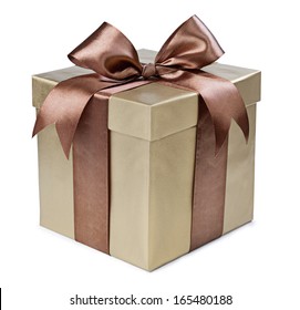 Gold box with gifts and brown bow - Powered by Shutterstock