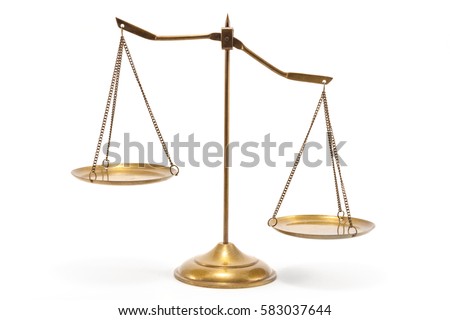 Gold brass balance scale isolated on white background