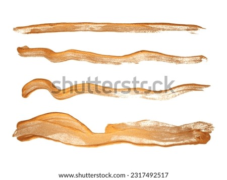 Gold bronze glitter brushstroke painting  wave line blot smear on white background.