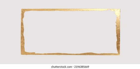Gold (bronze) glitter empty frame on beige gray paper horizontal long background. Abstract copy space texture.