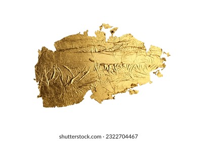 Gold bronze glitter paper piece brushstroke painting blot smear. Abstract glow shine stain on white background.