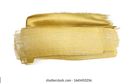 Gold (bronze) glittering color smear brush stroke stain blot on white background. Abstract Paint texture.