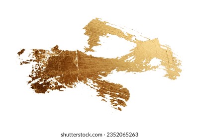 Gold (bronze) glittering color smear brushstroke stain line blot on white background. Abstract Painting texture.