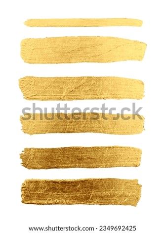 Gold (bronze) glittering color smear brushstroke stain line blot on white background. Abstract Painting foil paper texture.