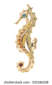 Gold Brooch Sea Horse Isolated On White