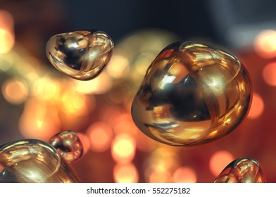 Gold Bubbles In Zero Gravity, Macro. Fluid In Weightlessness.