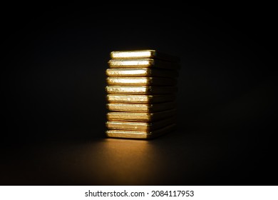 Gold Bullion Bars On Black Background. Stack Of Large Cast Investment Gold Ingots. Swiss Gold. Business And Finance. Investing Into Precious Metals.