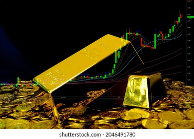 Gold Bullion On Pile Gold Coins At Trading Chart Background