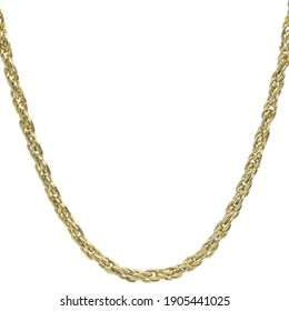 Gold Chain Necklace Closeup Fragment Isolated On White Background