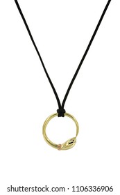 Gold Chain Neckplace In Form Of Snake Ouroboros On Black Cord Isolated On White Background