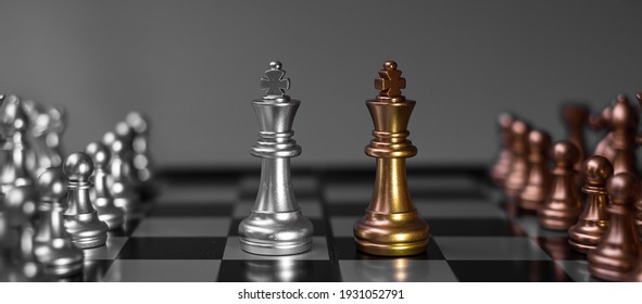 Gold Chess figure team (King, Queen, Bishop, Knight, Rook and Pawn) on Chessboard against opponent during battle. Strategy, Success, management, business planning, think, education and leader concept
