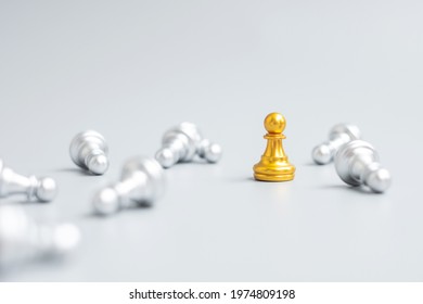 gold Chess pawn figure stand out from crowd of enermy or opponent. Strategy, Success, management, business planning, disruption, win and leadership concept