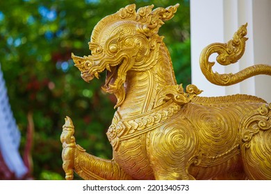 Gold Chinese Lion Statue Temple Thailand