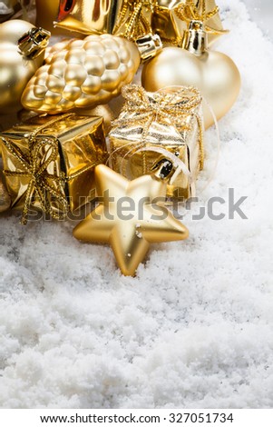 Similar – Image, Stock Photo Golden Christmas ornaments on snow background