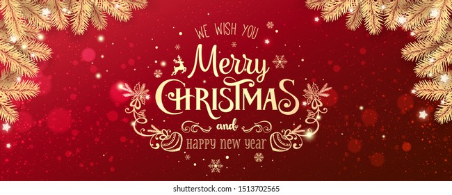 Gold Christmas and New Year Typographical on red Xmas background with winter landscape with snowflakes, light, stars. Merry Christmas card. Vector Illustration - Shutterstock ID 1513702565