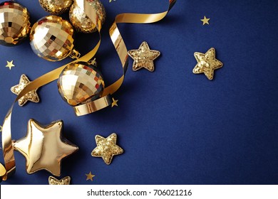 Gold Christmas Ornaments On Navy Blue Background, Seasonal Decoration