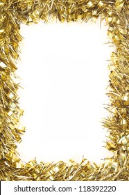 Gold Christmas Tinsel Garland, Forming A Rectangular Border On White Background