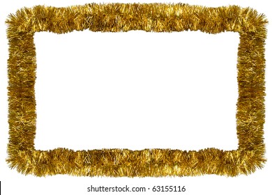 Gold Christmas Tinsel Garland, Forming A Rectangular Frame With Center Copy Space, Isolated On White Background